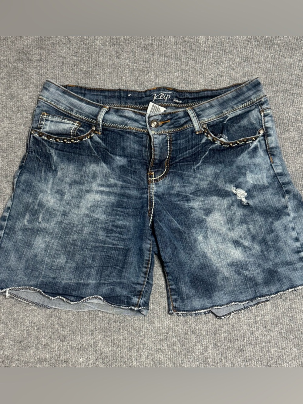Klip Jeans Distressed Denim Shorts 11 Boho Western Cowgirl thick Stitch Wash 11